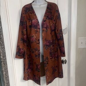 Solitaire Open Cardigan Jacket Duster Floral Pockets Faux Suede WOMENS SIZE lg